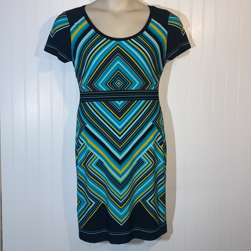 Calvin Klein Size 8 Dress Jersey Knit Bodycon Short Sleeve Black Turquoise